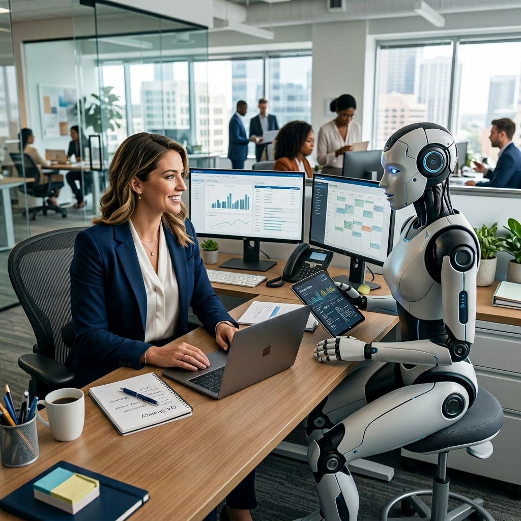 A woman and a humanoid robot sitting at an office desk working on laptops and digital devices